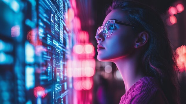 A woman engaged with digital technology, pondering the future of innovation. Bright neon colors illuminate the scene. The intersection of human curiosity and technology is captivating. Generative AI