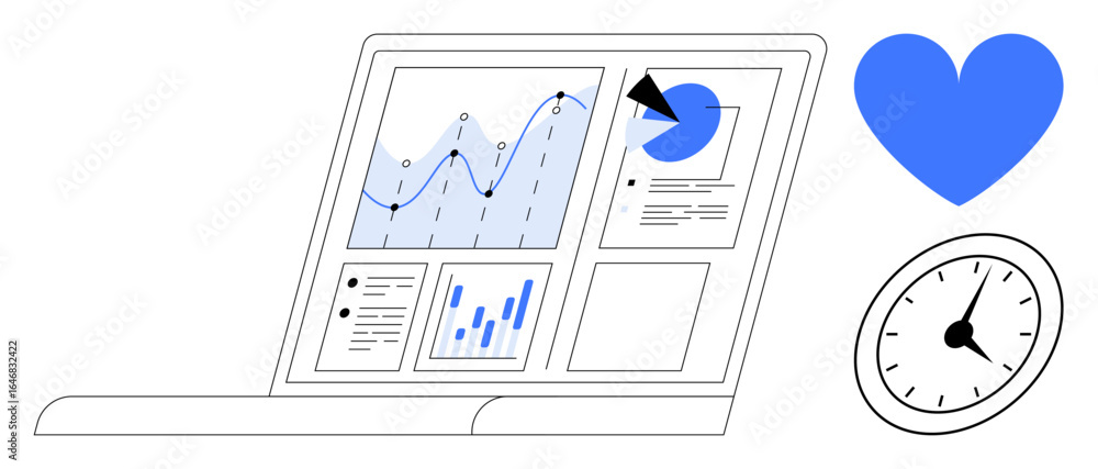Poster laptop with data charts, graphs, and analytics dashboard next to heart and clock. ideal for analytic