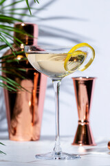 Transparent alcoholic cocktail drink with gin, vermouth, liqueur, absinthe, bitters and lemon twist