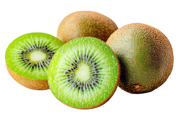 Fototapeta premium Fresh kiwi fruit slices and whole kiwis isolated on transparent background