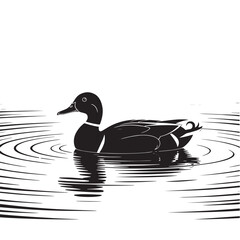 Black and White Vector Illustration of a Duck Swimming in a Lake with Reeds