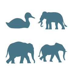 Vector art of collection of animal silhouettes including elephants and a duck, isolated on a white background, representing wildlife and nature