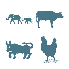 Vector art of assortment of farm and wild animal silhouettes featuring elephants, a cow, a bull, and a chicken, isolated on a white background