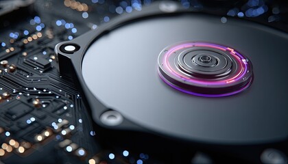 Close-up of a hard drive, circuit board, glowing ring