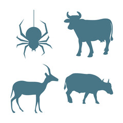 Vector art of set of animal silhouettes featuring a cow, bull, spider, and antelope, isolated on a white background, symbolizing diverse fauna