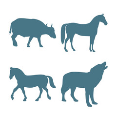 Vector art of compilation of animal silhouettes including horses, a bull, and a wolf, isolated on a white background, showcasing different species