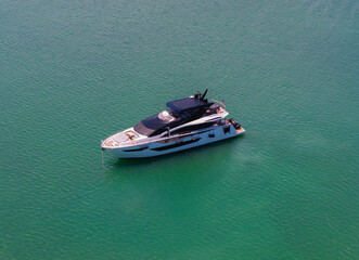 Sea boat go to yacht marina. Yachting and boating marina. Yacht boat sailing. Aerial view luxury...