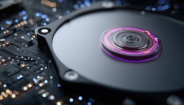 Close-up of a hard drive, circuit board, glowing ring - Powered by Adobe