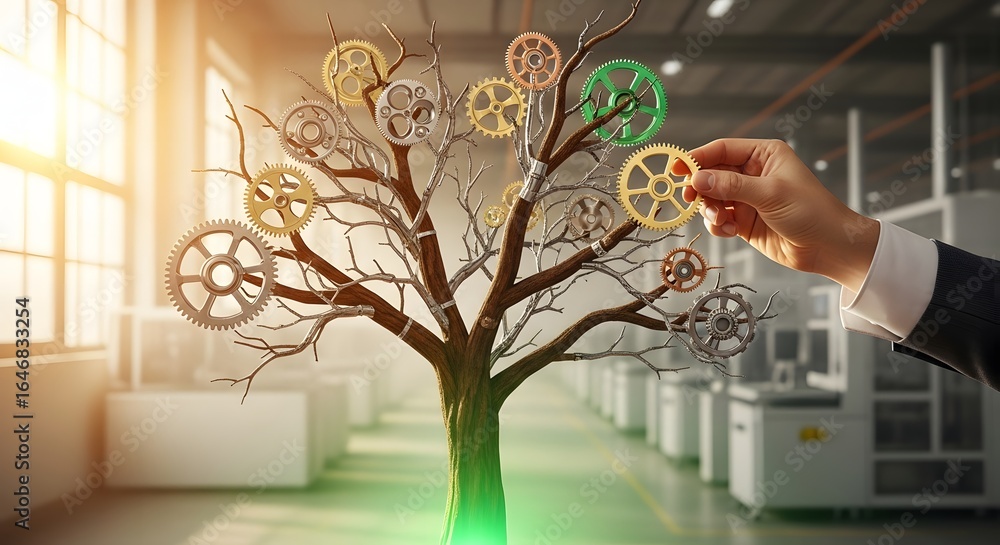 Poster conceptual image of business growth and industrial innovation with a hand adding a cog to a gear tre