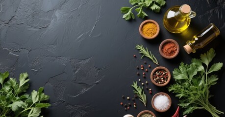Vibrant assortment of spices in bowls with fresh herbs on dark stone background
