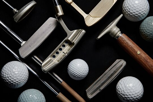 Golf putters and golf balls on black background