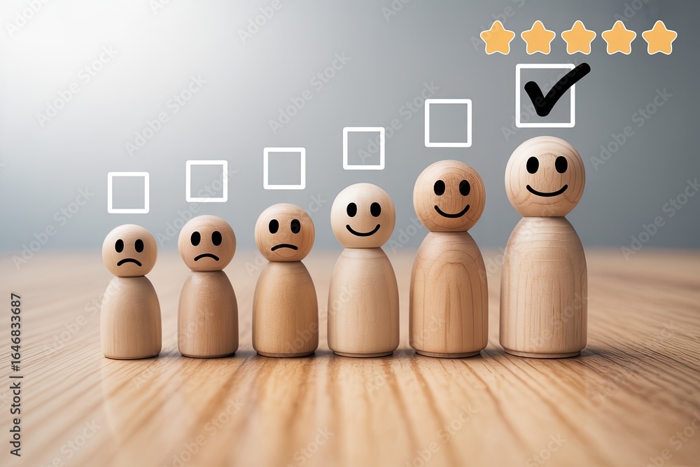 Poster wooden peg figures representing customer satisfaction levels from negative to positive with a five s