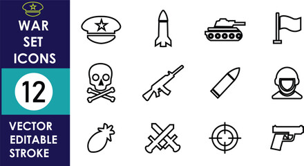Set of 12 simple war icons including cap, rocket, tank, flag, skull, rifle, bullet, soldier, grenade, crossed swords, target, and pistol outline