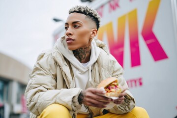 Person enjoying a colorful street food meal while sitting on a curb in an urban environment