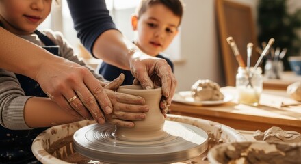 Adult teaching child how to use pottery wheel to make clay pot
