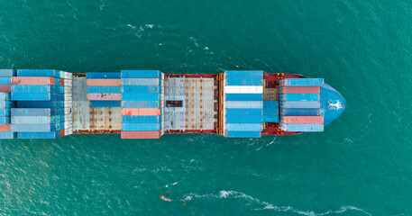 Container ship. Shipping logistics. Commercial shipping. Cargo ship in sea, aerial view. Freight...