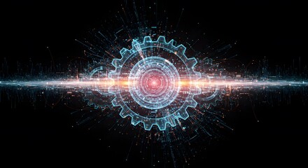 Abstract Gear System with Blue Digital Glowing Network on Black Background
