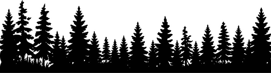 Obraz premium Black silhouette of dense evergreen forest with varied tree heights vector