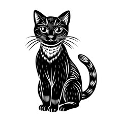 Obraz premium Elegant black cat silhouette linocut illustration, perfect for home decor, branding, and creative projects with a vintage style and artistic appeal