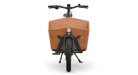 Front view of a cargo bicycle with a wooden crate Black frame brown wooden box