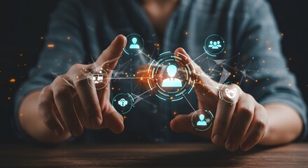 Person Touching Digital Network Interface with Glowing Blue Icons