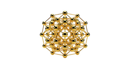 Complex gold geometric structure isolated on transparent background with shiny spheres