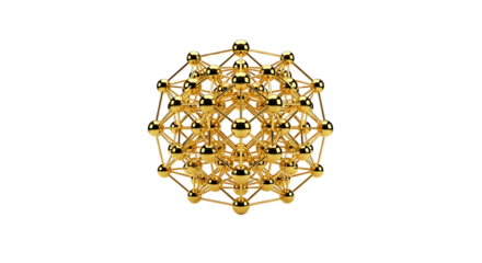 Complex gold geometric structure isolated on transparent background with shiny spheres