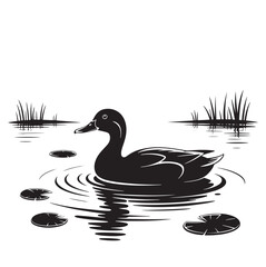 Black and White Vector Illustration of a Duck Swimming with Lily Pads