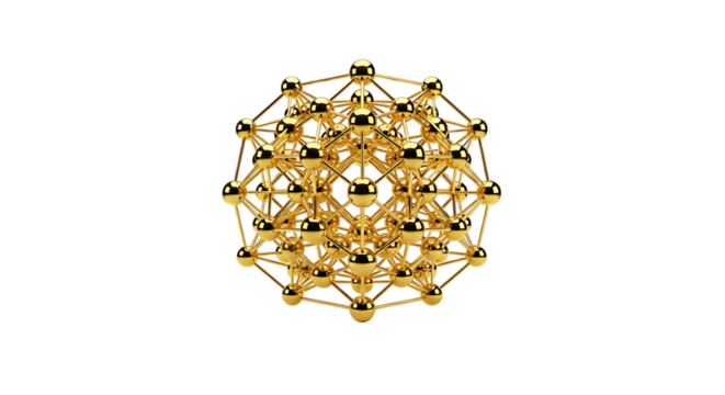 Complex gold geometric structure isolated on transparent background with shiny spheres