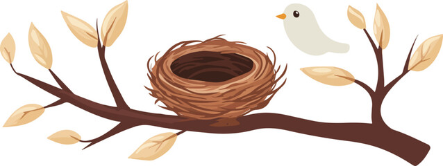 Bird and nest on a tree branch with leaves illustration © Sharif