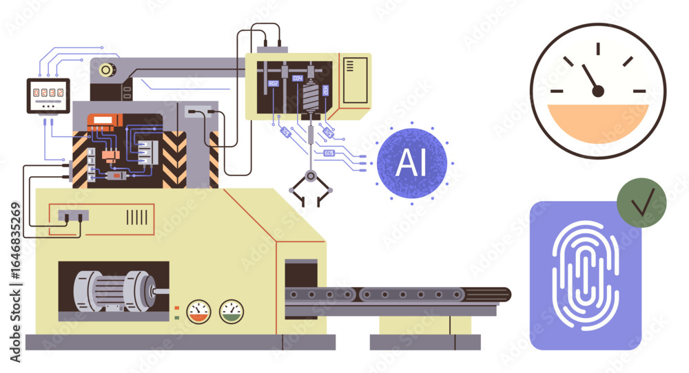 Poster robotic arm processing conveyor, ai node, fingerprint icon, speedometer. ideal for industry, technol