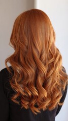 Naklejka premium Woman with long red hair curls, stands against solid wall background, back view