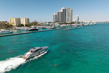 Summer sea vacation. Boat trip. Luxury lifestyle and traveling. Sea boat go to yacht marina....