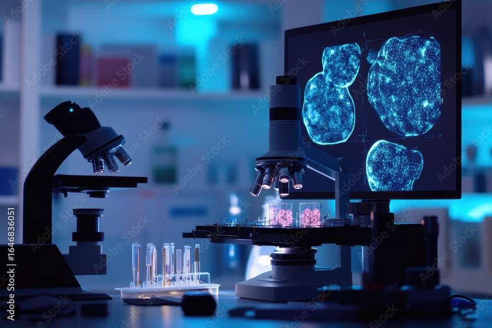 Poster modern laboratory with advanced microscopes and digital imaging of cellular structures