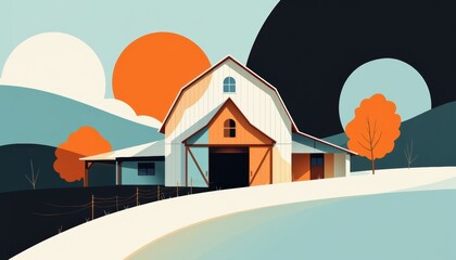 barndominium homes concept. Colorful barn scene with stylized landscape and abstract shapes.