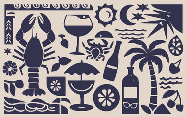 Silhouettes of tropical elements include a lobster, wine glasses, a palm tree, sun, moon, waves, and bottles. The style is whimsical and vacation-themed.