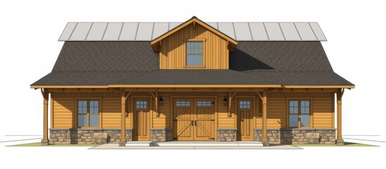 barndominium homes concept. Wooden house design with stone accents and a sloped roof.