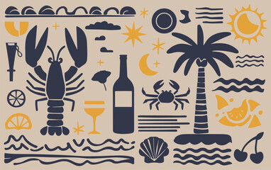 Abstract beach-themed illustration in dark blue and yellow on a beige background. Includes lobsters, palm trees, a crab, waves, and a sun, evoking a tropical vibe.