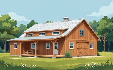 barndominium homes concept. Charming wooden cabin surrounded by trees and greenery.