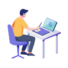 A graphic designer working on a digital tablet isolated on white background