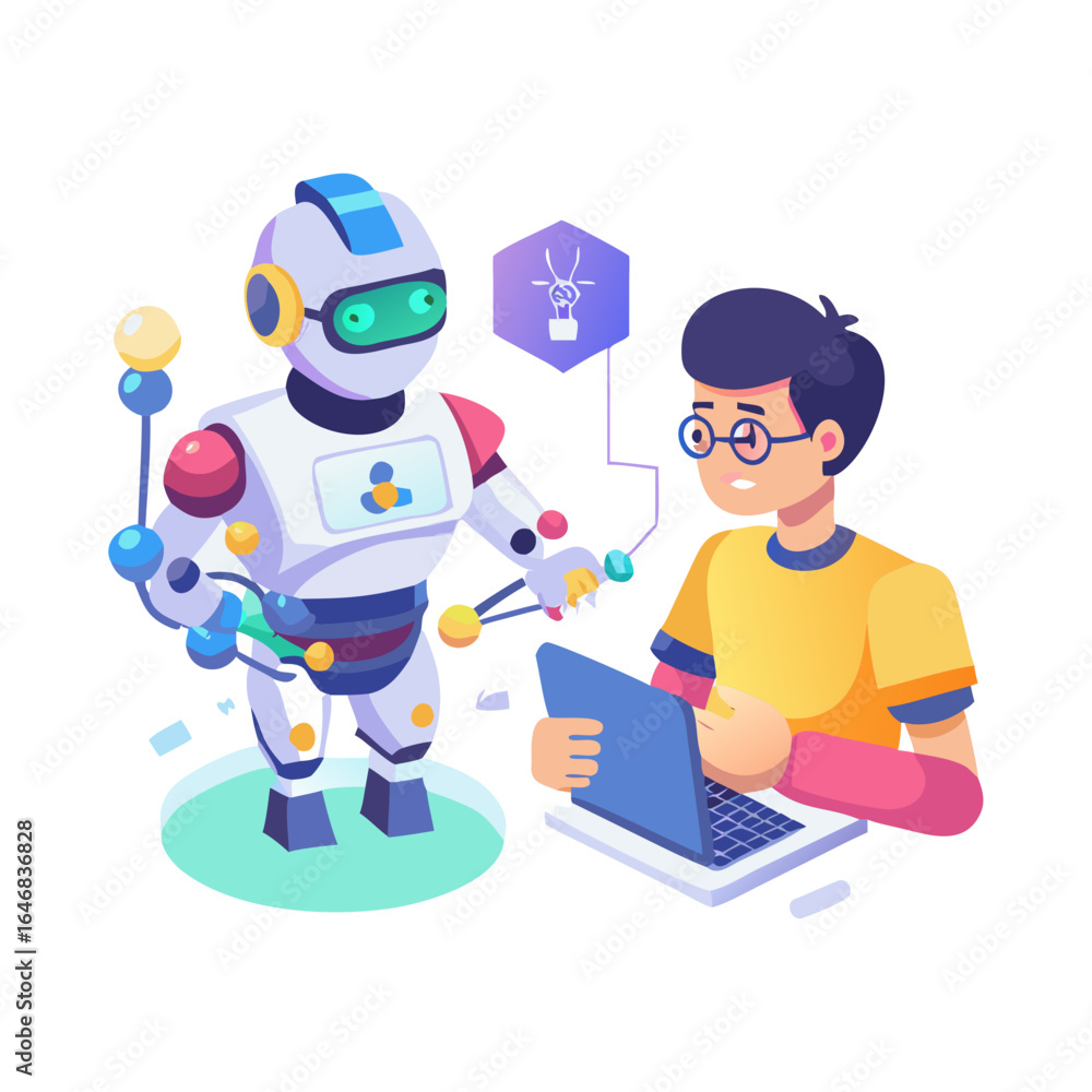 Aufkleber man collaborating with a robot on a laptop isolated on white background