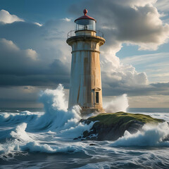 海岸に立つ古い灯台と荒々しい波が打ち寄せるシーン