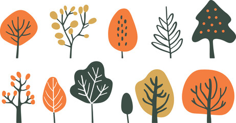 Cute Autumn Trees Seamless Pattern in Orange Green and Yellow