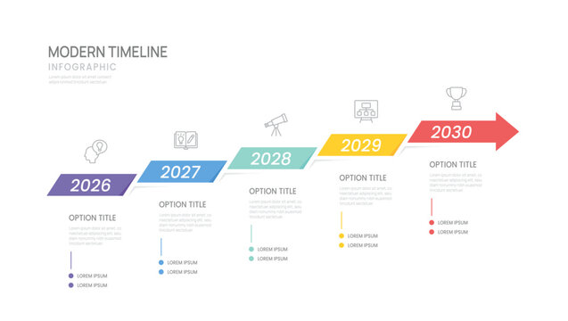 5 Steps Business infographic timeline year arrow design template. Business milestone and strategy presentation.Vector illustration.