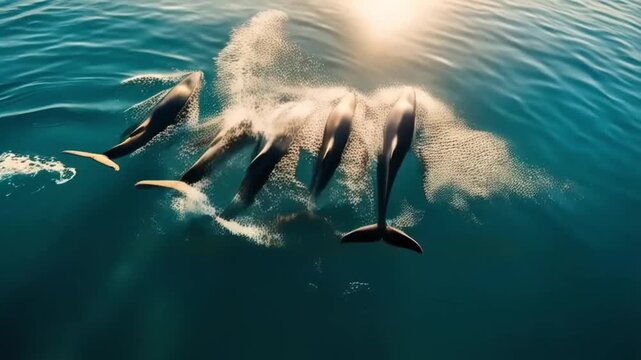 A group of pilot whales swimming together in the ocean under the bright sunlight from above water animal video