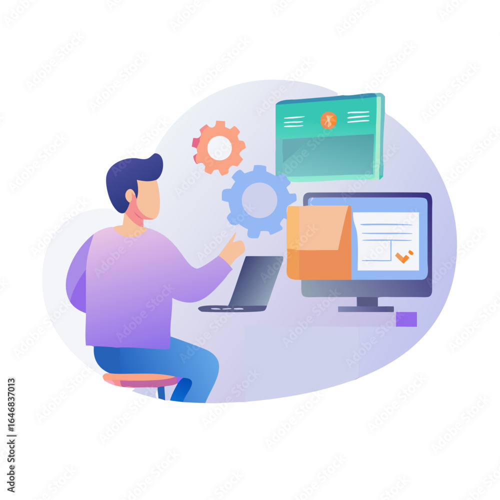 Aufkleber man working on computer with gears isolated on white background