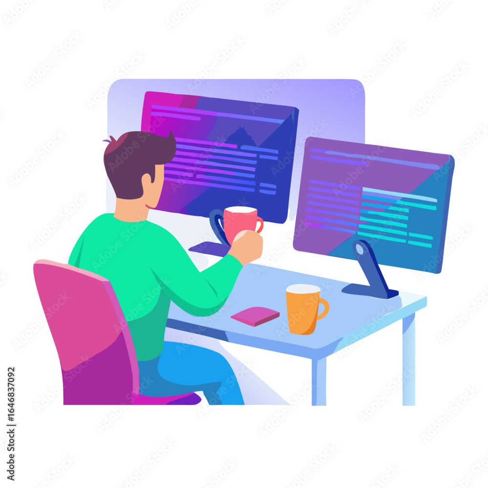 Fototapete a programmer is working on his computer isolated on white background