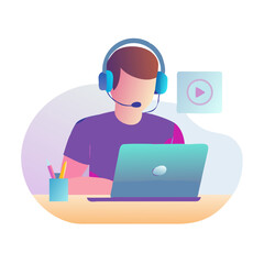 Man with headset working on laptop isolated on white background