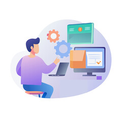 Fototapeta premium Man working on computer with gears isolated on white background