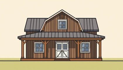 barndominium homes concept. Illustration of a rustic wooden house with a porch and gabled roof.
